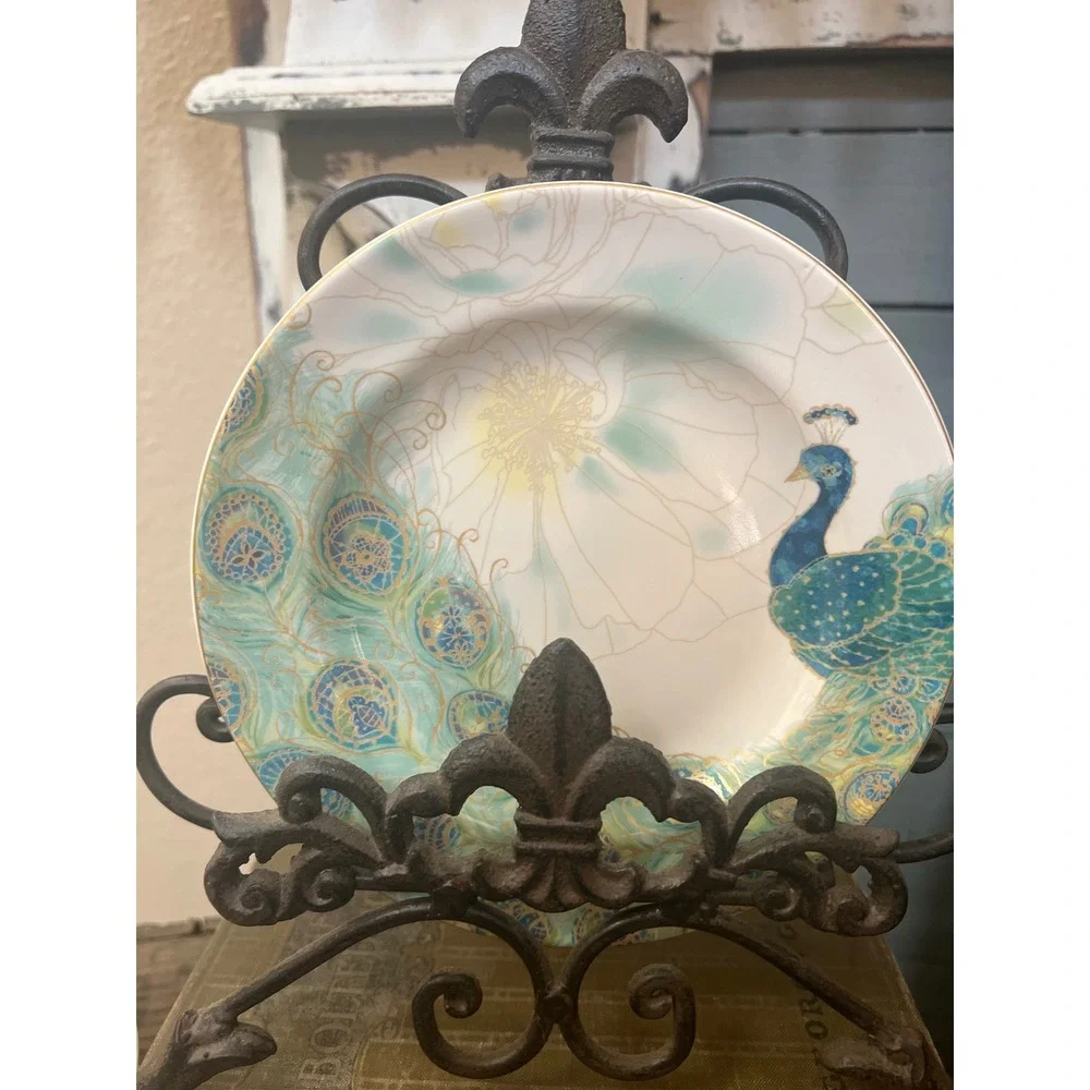 222 Fifth Lakshmi Peacock Fine China Bread and Butter Plates Set of 4 Teal Gold